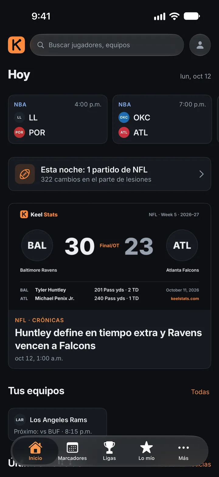 Inicio: la franja de marcadores, la noticia principal y los partidos de tus equipos