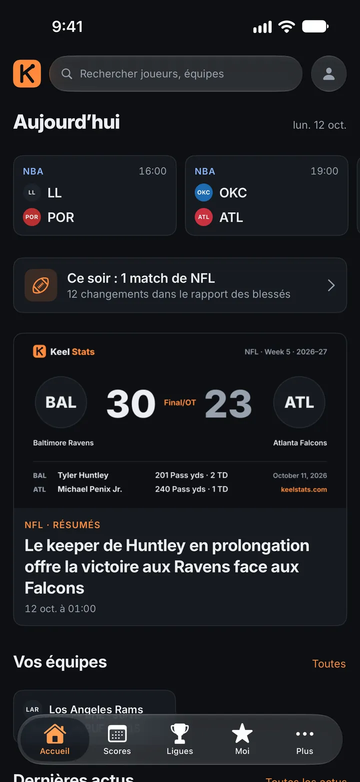 Accueil : le bandeau des scores, l’article à la une et les matchs de vos équipes