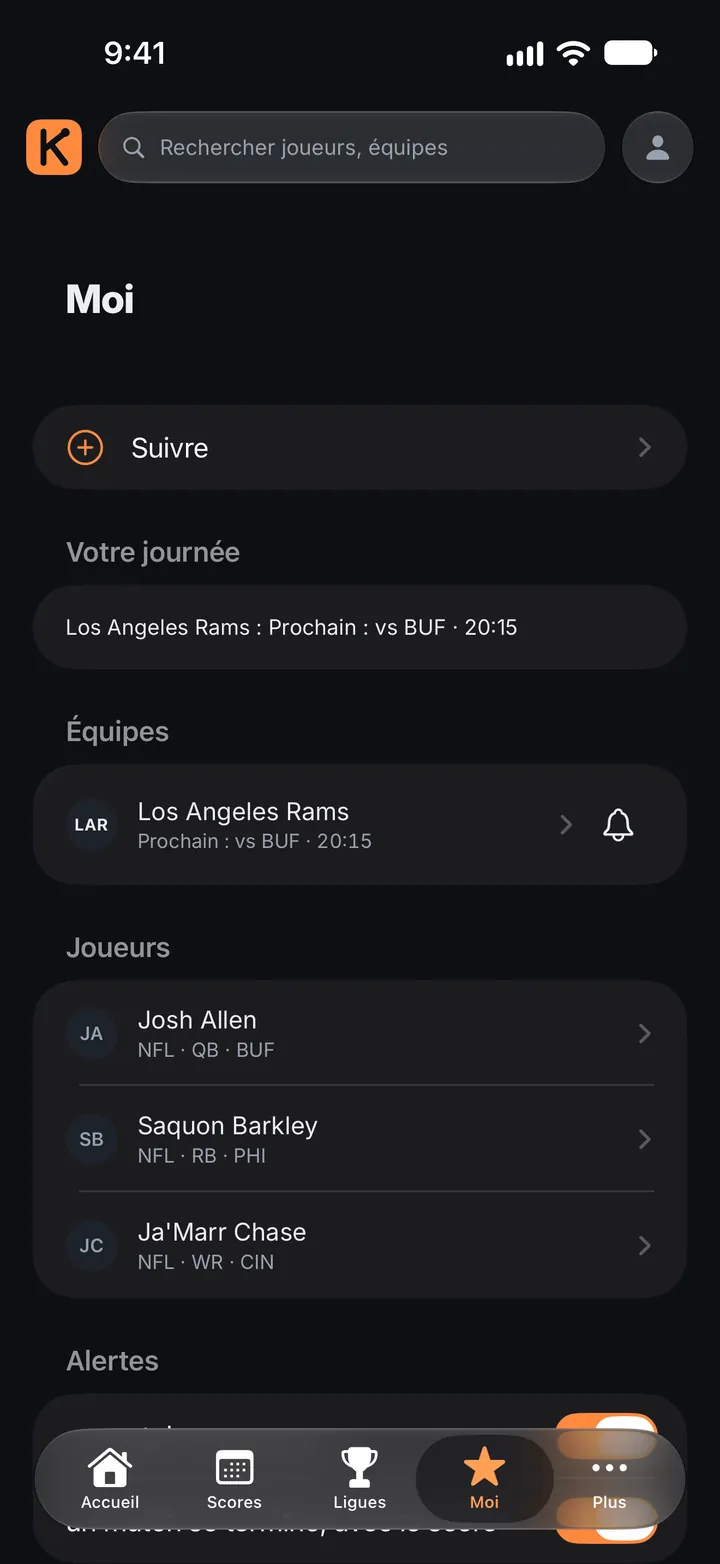 Mes suivis : les équipes et les joueurs que vous suivez