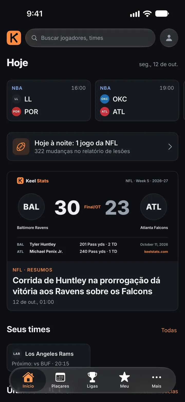 Início: a faixa de placares, a notícia principal e os jogos dos seus times